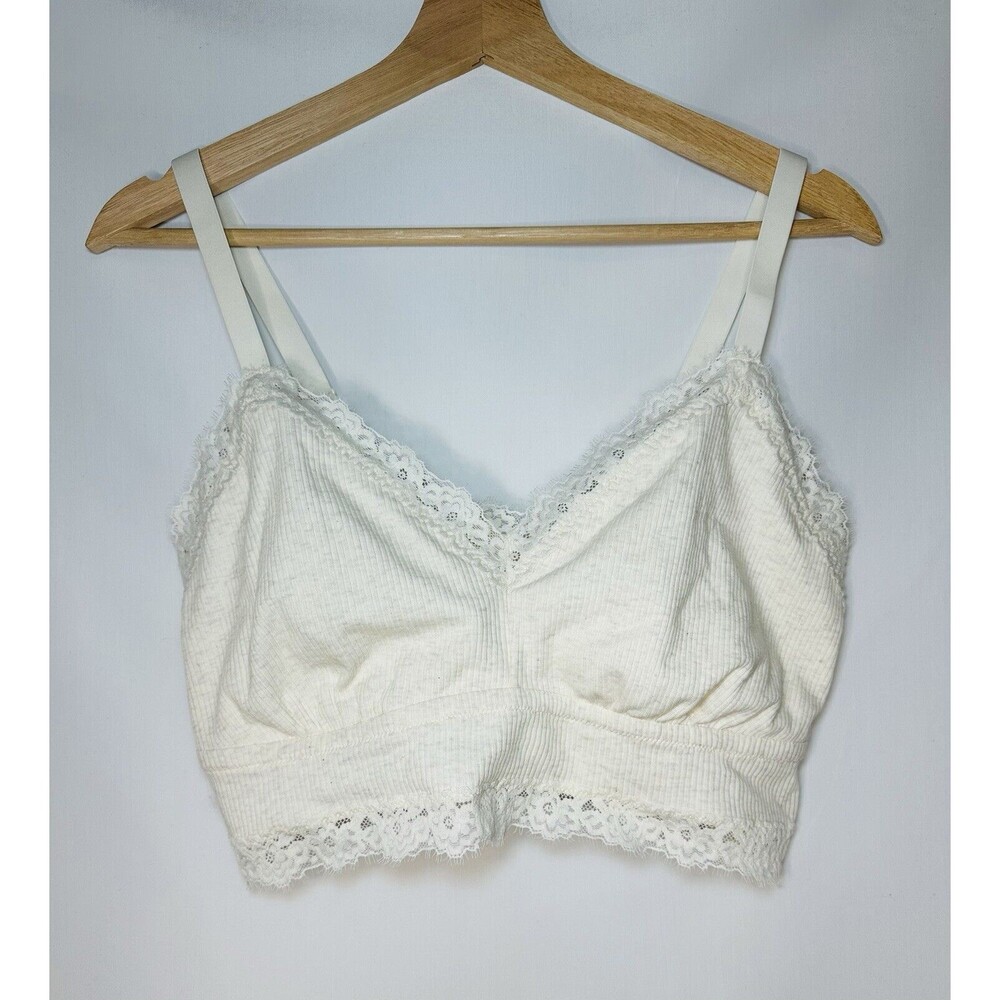Aerie‎ Ribbed Eyelash Lace Trim Longline Oatmeal Beige Bralette Women's XL NWT